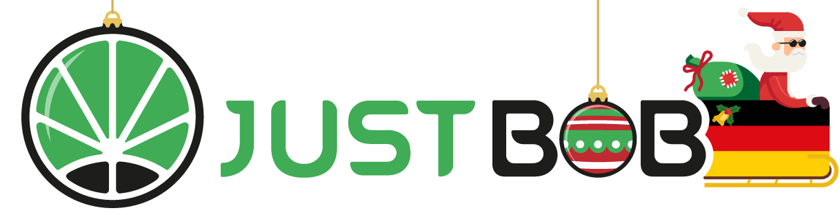 Logo von JustBob mit Weihnachtsdekoration, einschließlich einer in einer Christbaumkugel, einem Weihnachtsmann, der auf einem Schlitten sitzt