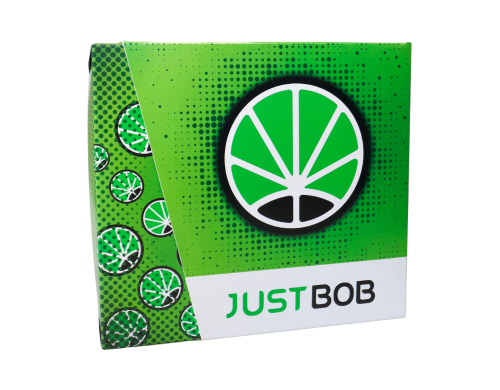 JustBob CBD Blüten Kit small buds- Grüner Hintergrund mit Logo