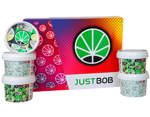 JustBob CBD Gras Kit Back2Work - Farbiger Hintergrund mit Dosen