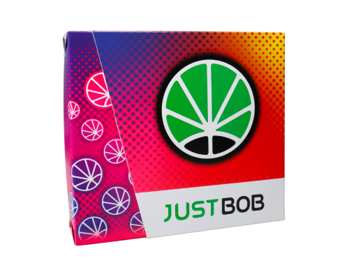 JustBob CBD Blüten Kit Back2Work - Farbiger Hintergrund mit Logo