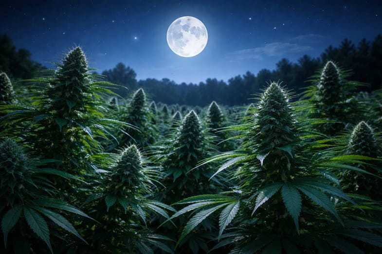 Mond-und-Cannabisfeld Ein leuchtender Mond erhellt die Cannabispflanze