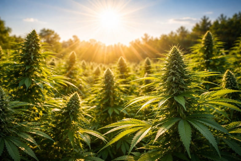 Sonne-und-Cannabis-Pflanzen Die Sonne scheint auf viele Cannabispflanzen
