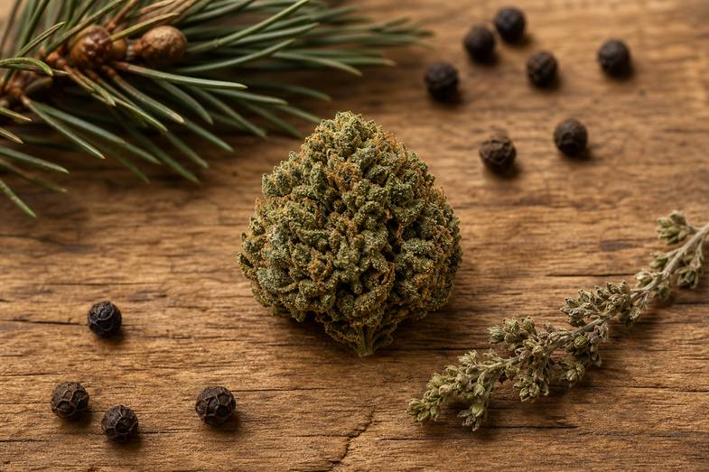 Dichte CBD-Hanfblüte auf rustikalem Holz, umgeben von einem Kiefernzweig, schwarzen Pfefferkörnern und einem getrockneten Kräuterzweig