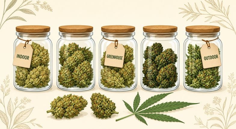  Illustration mit fünf Gläsern voller CBD Blüten in verschiedenen Grüntönen, drei mit Anhängern Indoor, Greenhouse und Outdoor, davor lose Knospen und ein Hanfblatt