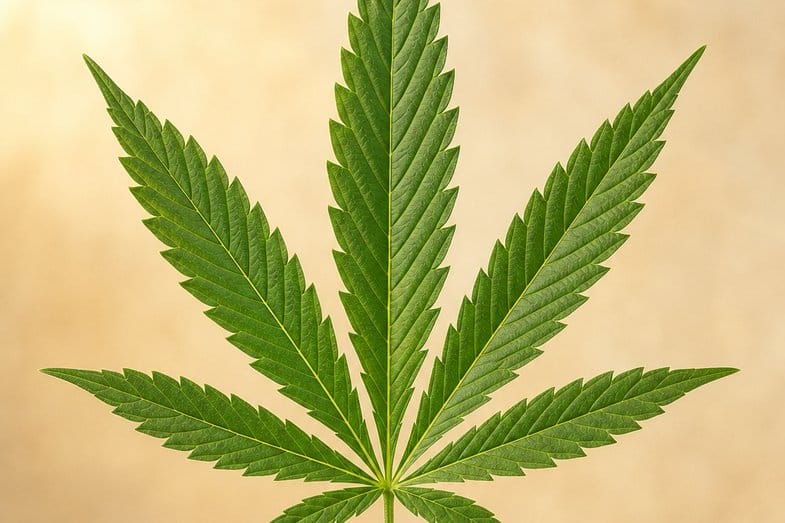 palmenfoermiges-hanfblatt-naturhintergrund Einzelnes palmenförmiges grünes Hanfblatt aus Industriehanf mit feinen Blattadern vor warmem Creme- und Sandhintergrund