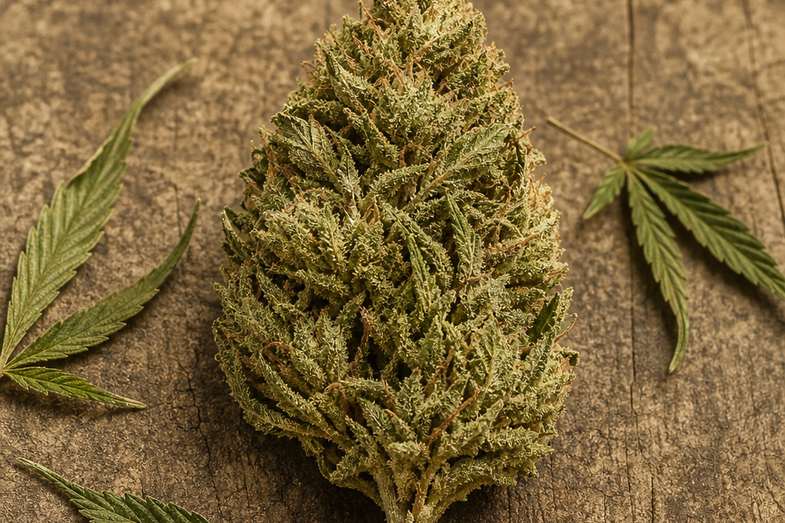 getrocknete-cbd-hanfbluete-auf-holz Einzelne getrocknete CBD-Hanfblüte aus Industriehanf mit zwei losen Hanfblättern auf einer rustikalen Holzoberfläche