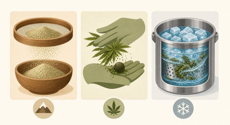 Illustration der drei Harz-Traditionen: Trockensiebung über Holzschale, stilisierte Hände beim Reiben einer Pflanze und Edelstahlgefäß mit Eiswasser