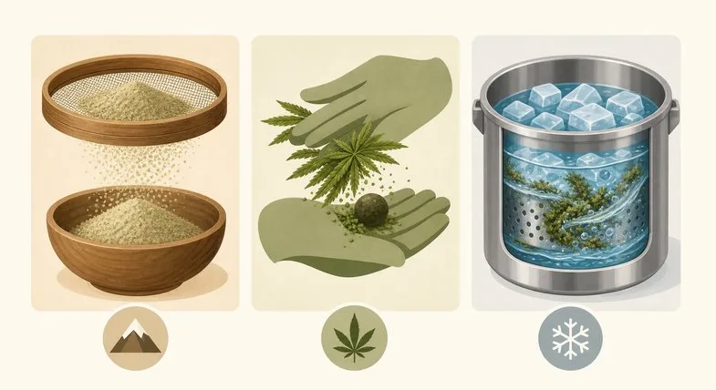 cbd-hasch-sorten-textur-vergleich Illustration der drei Harz-Traditionen: Trockensiebung über Holzschale, stilisierte Hände beim Reiben einer Pflanze und Edelstahlgefäß mit Eiswasser