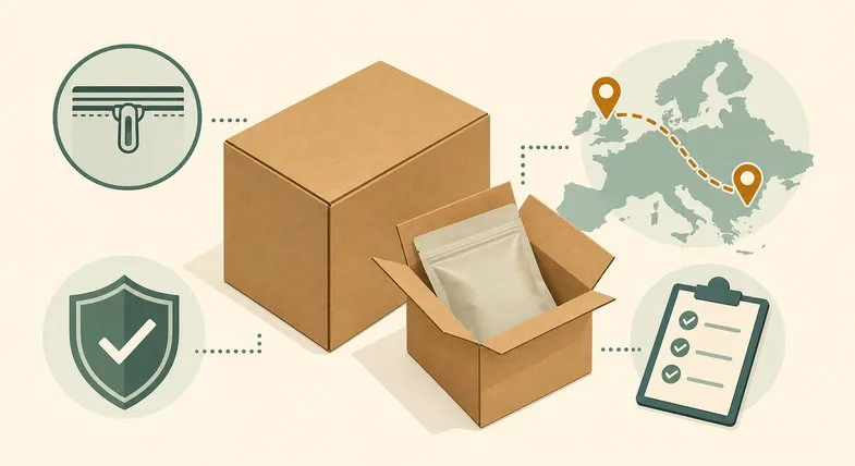 cbd-hasch-verpackung-versand-justbob Isometrische Illustration des diskreten Versands: neutrale Kartons mit blickdichtem Beutel, Zip-Siegel, Schutzschild, Europakarte mit Route und Checkliste