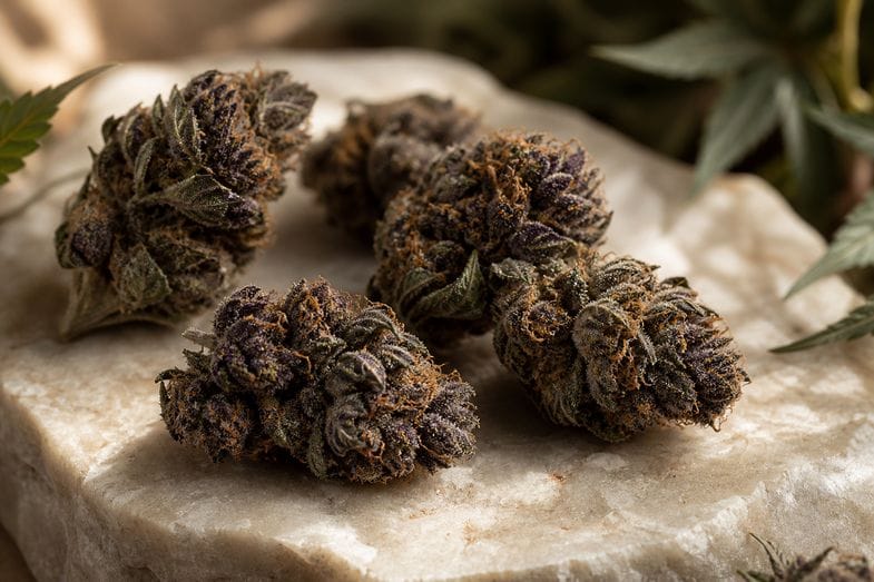 Dunkle, erdige Hanfblüten mit violetten Reflexen und orangefarbenen Stempeln auf hellem Naturstein