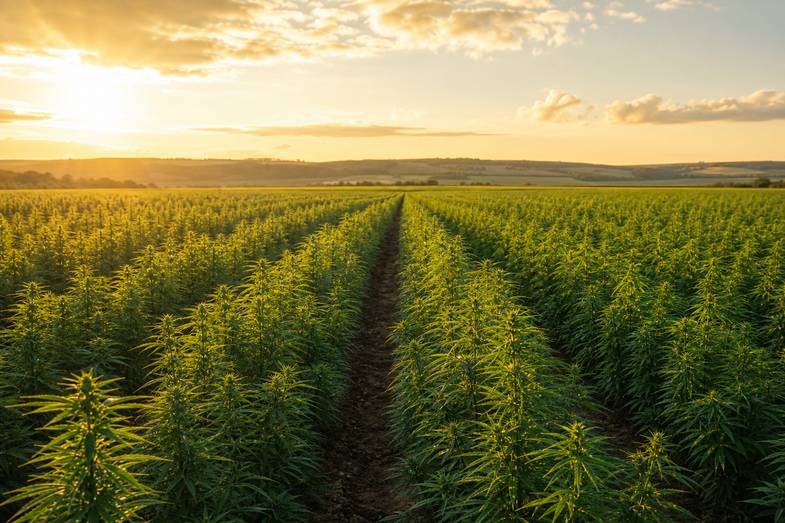 eu hanffeld Weites Feld mit grünen Industriehanf-Reihen bei Sonnenuntergang, sanfte Hügel und goldener Himmel am Horizont