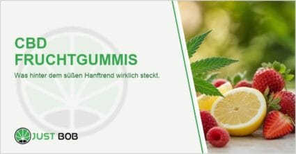 Grüner Hanfzweig zwischen halbierter Orange, Zitrone, Erdbeeren und Himbeeren auf hellem Untergrund