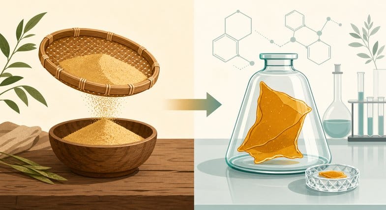 Geteilte Illustration: traditionelles Sieben über Holzschale links, modernes Labor mit glasartigem Extrakt, Kristallschale und Molekül-Skizzen rechts