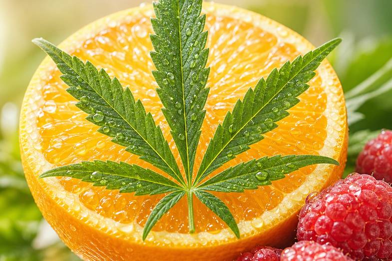 Grünes Hanfblatt mit Wassertropfen auf einer halbierten Orange neben frischen Himbeeren