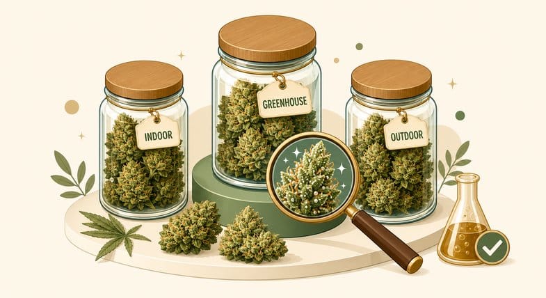 Illustrierte Übersicht: drei Gläser mit CBD Blüten und Etiketten Indoor, Greenhouse und Outdoor, daneben Lupe mit Trichomen und Laborkolben mit Häkchen