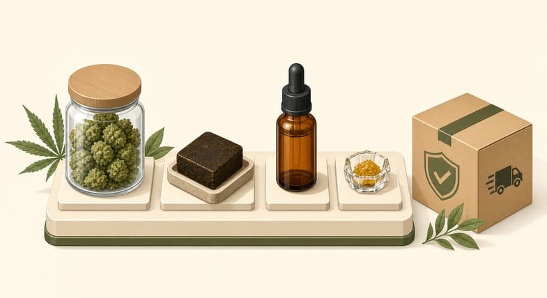 Isometrische Illustration des Justbob Sortiments: Glas mit Blüten, gepresstes Harz, Braunglasflasche und Extraktschale, daneben Versandkarton mit Schutzschild und Lieferwagen