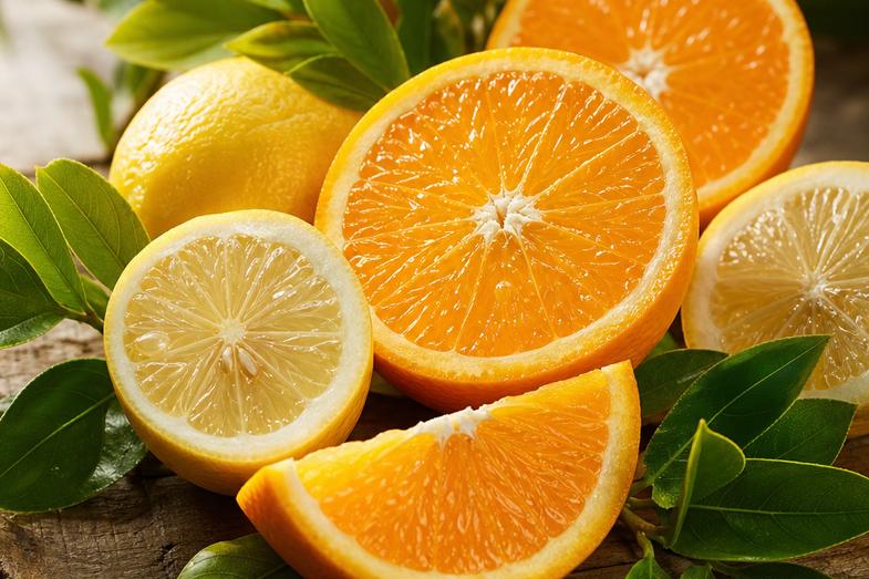 Aufgeschnittene Zitronen und Orangen mit grünen Blättern als Symbol für das frische Terpen Limonen