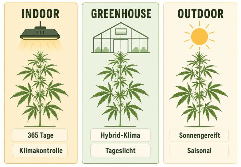Infografik mit drei Spalten zu den Anbaumethoden Indoor, Greenhouse und Outdoor: stilisierte Hanfpflanzen mit Lampe, Gewächshaus und Sonne in warmen Naturtönen