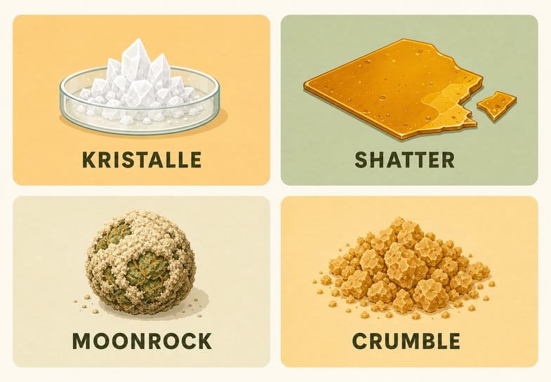 Infografik mit vier Karten zu Extraktformen: Kristalle in Glasschale, bernsteinfarbenes Shatter, Moonrock-Kugel und Crumble-Häufchen mit Beschriftungen