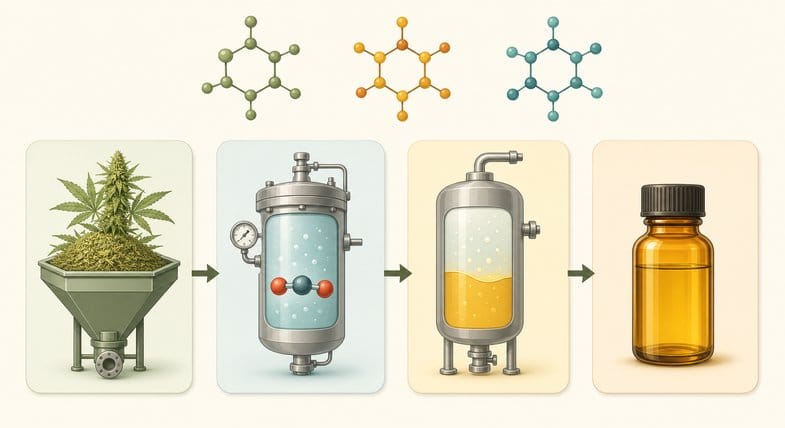 infografik-cbd-oel-vollspektrum-justbob Technisches Schema der CO2-Extraktion in vier Schritten: Hanfmaterial, Druckbehälter mit CO2-Molekül, Abscheider und Braunglasflasche mit goldenem Öl