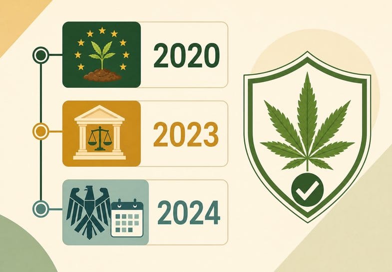 infografik-rechtsrahmen-cbd-oel-deutschland Zeitstrahl-Infografik zum Rechtsrahmen mit den Jahren 2020, 2023 und 2024, daneben ein Schutzschild mit Hanfblatt und Häkchen