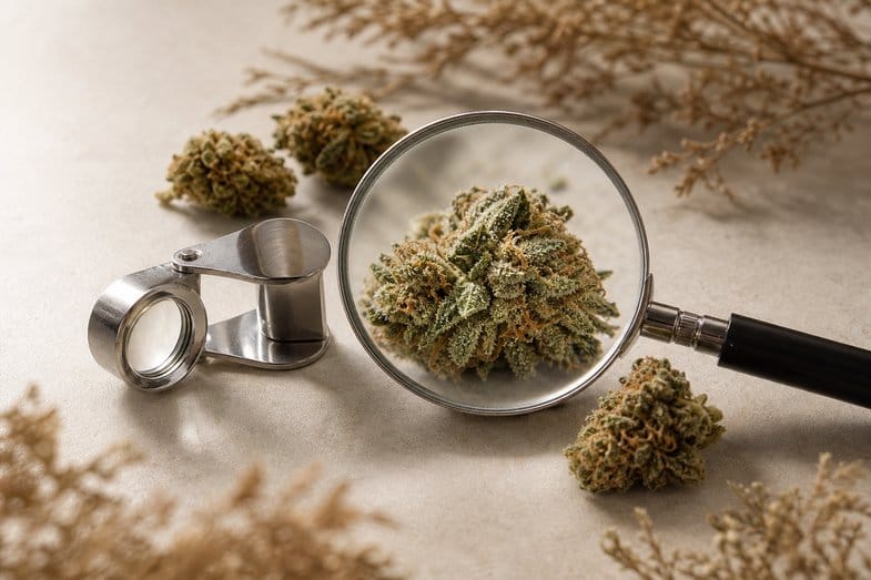 Juwelierlupe und runde Lupe auf hellem Untergrund neben CBD-Hanfblüten, das Lupenglas vergrößert die Trichome einer Blüte