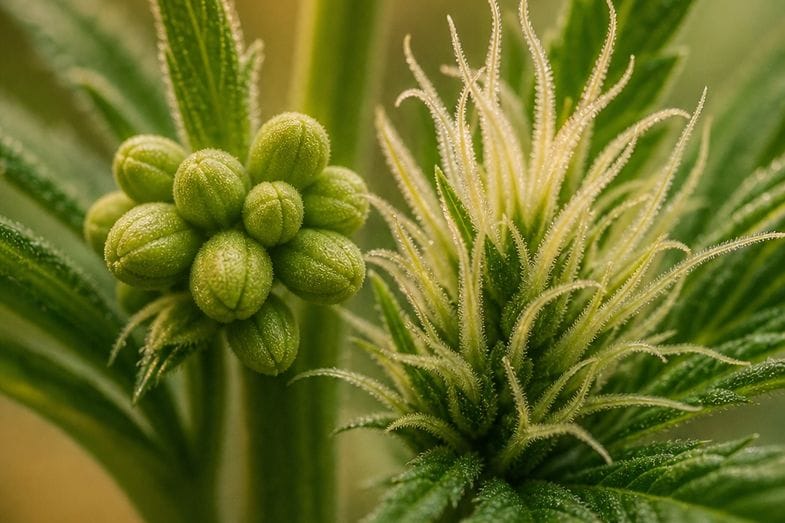 pollensaecke-und-pistillen-im-vergleich Makroaufnahme mit kugeligen männlichen Pollensäcken links und weiblicher Blüte mit weißen Pistillen rechts