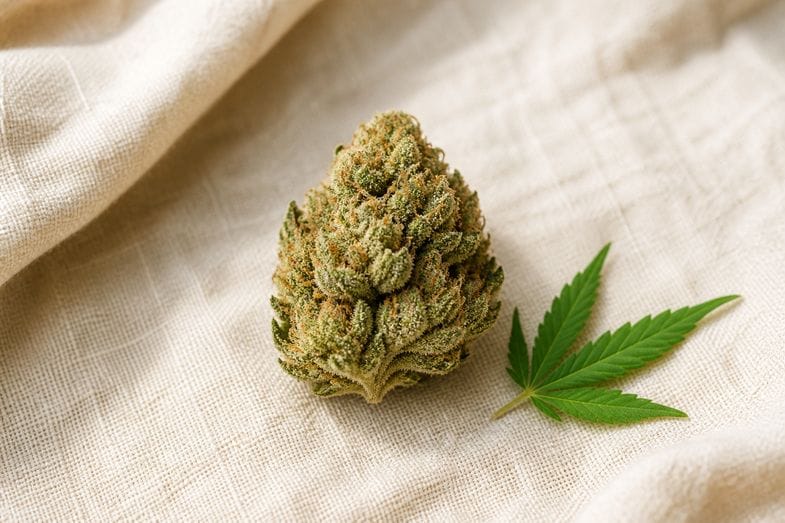 Einzelne dichte CBD-Hanfblüte mit frostigen Trichomen auf hellem Leinenstoff, daneben ein frisches grünes Hanfblatt