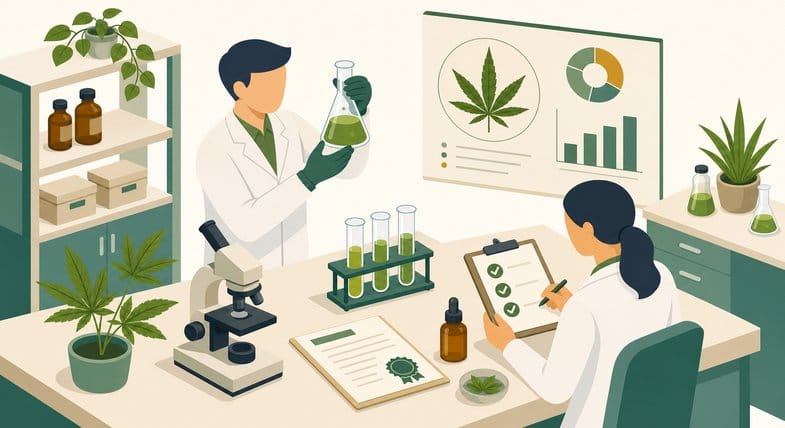  Vektorillustration eines Qualitätslabors: zwei stilisierte Fachkräfte mit Kolben und Checkliste, dazu Mikroskop, Reagenzgläser und Zertifikat mit Siegel, Hanfblatt-Schaubild