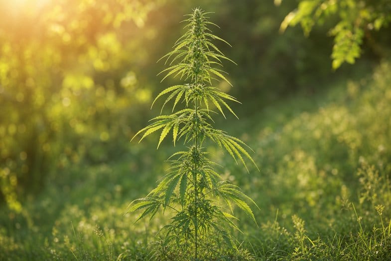 Hohe schlanke Hanfpflanze im Sativa-Wuchs mit langen schmalen Blättern im Freien bei warmem Gegenlicht
