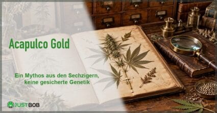 Artikel-Banner mit grünem Titel und Justbob-Logo, dahinter ein altes Herbarbuch mit gepresstem Hanf auf einem Archivtisch