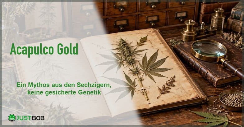 herbarium-apotheke-archiv-banner Artikel-Banner mit grünem Titel und Justbob-Logo, dahinter ein altes Herbarbuch mit gepresstem Hanf auf einem Archivtisch