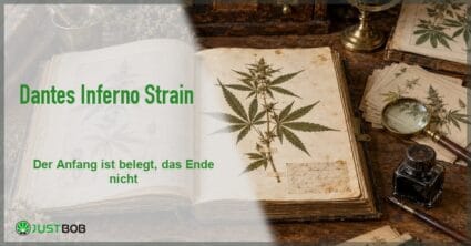 Artikel-Banner mit grünem Titel und Justbob-Logo; rechts ein aufgeschlagenes Herbarium mit gepresstem Hanfexemplar