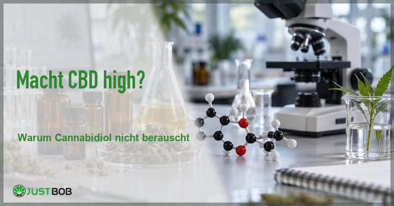 Artikel-Banner mit grünem Titel und Justbob-Logo; Foto rechts: helle Laborszene mit Mikroskop, Laborgläsern, Molekülmodell und grünem Hanfzweig
