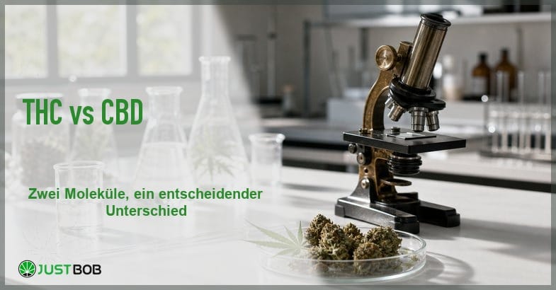 thc-vs-cbd-labor-mikroskop-banner Banner mit dem Titel THC vs CBD vor einem Labortisch mit Mikroskop, Glaskolben und Hanfblüten in einer Petrischale