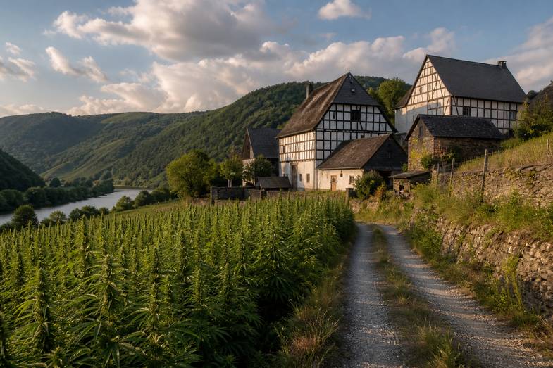 Fachwerkhof am Hang über einem Flusstal, davor ein Feld mit Nutzhanf und ein Kiesweg im warmen Licht des späten Nachmittags
