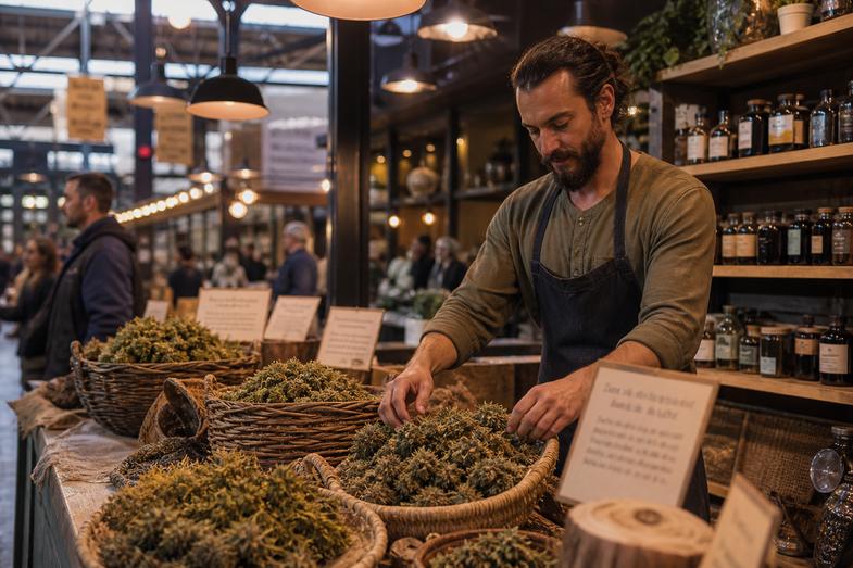 Händler mit Schürze ordnet getrocknete Hanfblüten in geflochtenen Körben an einem Marktstand in einer Markthalle