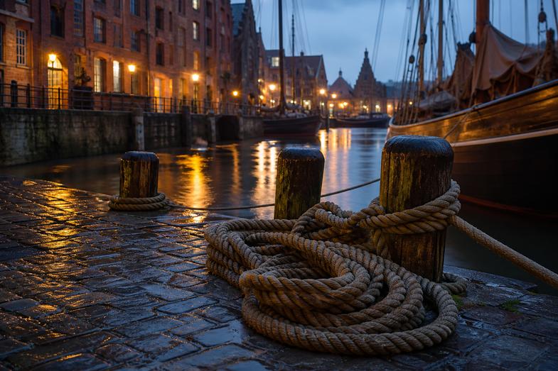 hansehafen-hanftaue-daemmerung Alter Hafenkai in der Dämmerung mit aufgerollten Naturhanf-Tauen an Holzpollern und einem Segelschiff am Kai