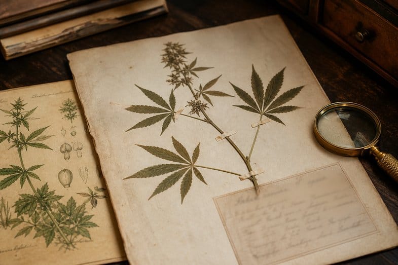 herbarbogen-hanf-botanische-tafel Alter Herbarbogen mit gepresstem Hanfzweig neben einer vergilbten Bildtafel und einer Messinglupe auf dunklem Holz