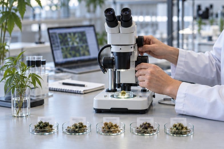 Hände justieren ein Stereomikroskop an einer Laborbank, davor fünf Glasschalen mit getrockneten Hanfblüten in einer Reihe