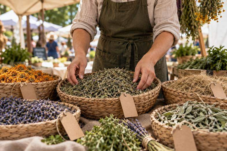 Hände eines Marktverkäufers ordnen einen Weidenkorb mit getrockneten Kräutern, daneben Körbe mit Lavendel, Ringelblumen und leeren Papieranhängern