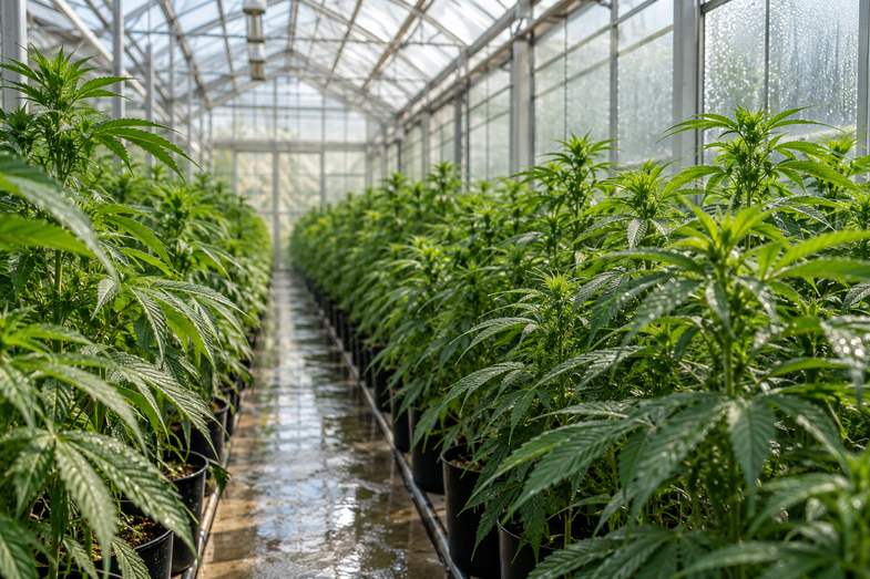 mimosa-hanf-gewaechshaus Junge Hanfpflanzen in schwarzen Töpfen in zwei Reihen entlang eines Mittelgangs in einem hellen Glasgewächshaus