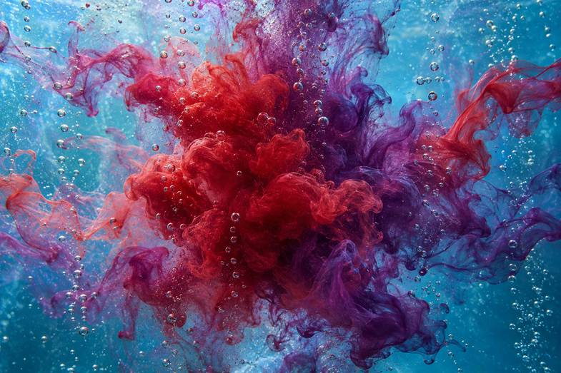 Rotes und violettes Pigment breitet sich in türkisfarbenem Wasser aus, dazwischen steigen feine Luftblasen auf