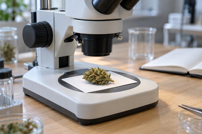 stereomikroskop-hanfbluete-laborbank Stereomikroskop auf heller Holzbank, darunter eine getrocknete Hanfblüte auf weißem Papier, dahinter ein Becherglas