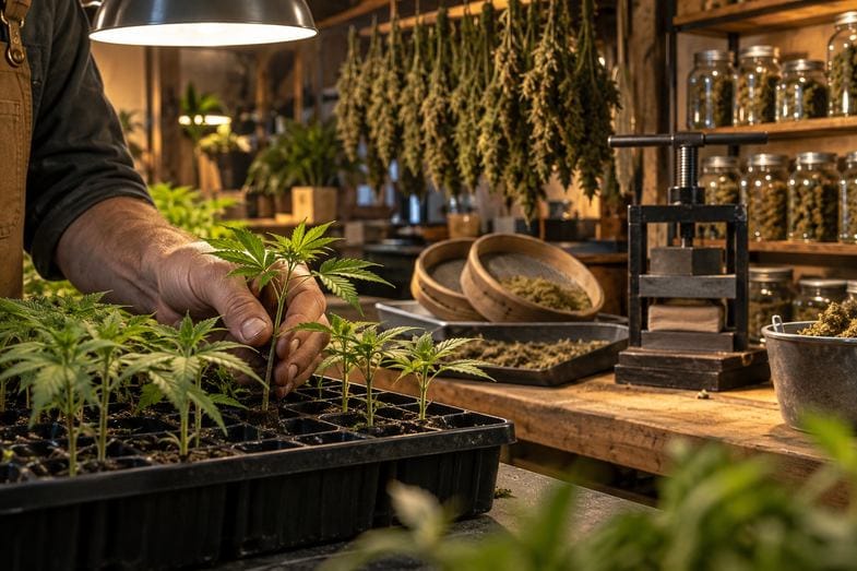super-boof-steckling-selektion Junge Cannabis-Stecklinge in einer Anzuchtschale unter Arbeitslicht, daneben eine Hand, die einen einzelnen Trieb prüft