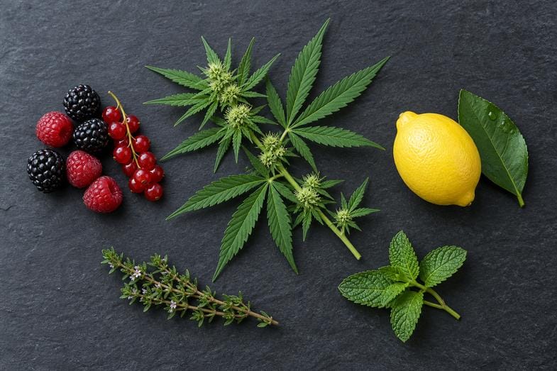 Waldbeeren, eine ganze Zitrone mit Blatt und frische Kräuter liegen um einen grünen Hanfzweig auf dunklem Schiefer
