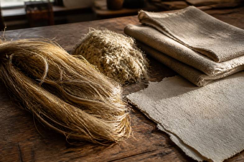 Bündel roher Hanffasern neben grobem Naturstoff und handgeschöpftem Hanfpapier auf einer abgenutzten Holzwerkbank