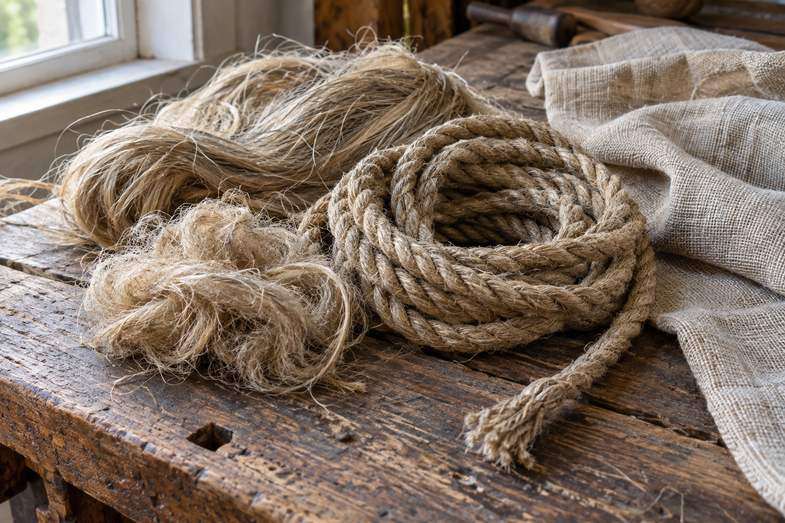 Rohe Hanffaser, ein aufgerolltes Hanfseil und ein gefaltetes Stück grobes Leinentuch auf einer stark abgenutzten Eichenwerkbank am Fenster