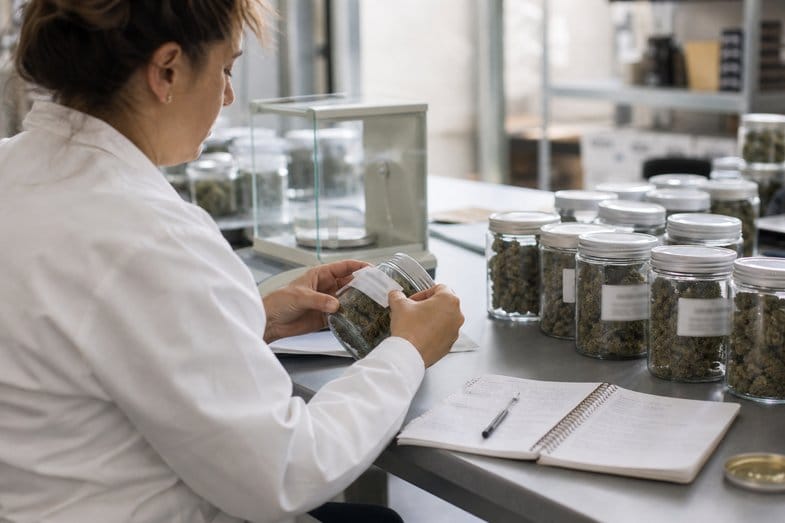 laborantin-hanfproben-etikettierung Laborantin im weißen Kittel etikettiert ein Glas mit Hanfblüten an einer Werkbank mit Feinwaage und Notizbuch
