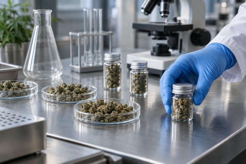 terpenanalyse-labor Blaue Laborhandschuhe greifen ein verschlossenes Fläschchen mit getrockneten Hanfblüten, daneben Petrischalen und ein Mikroskop